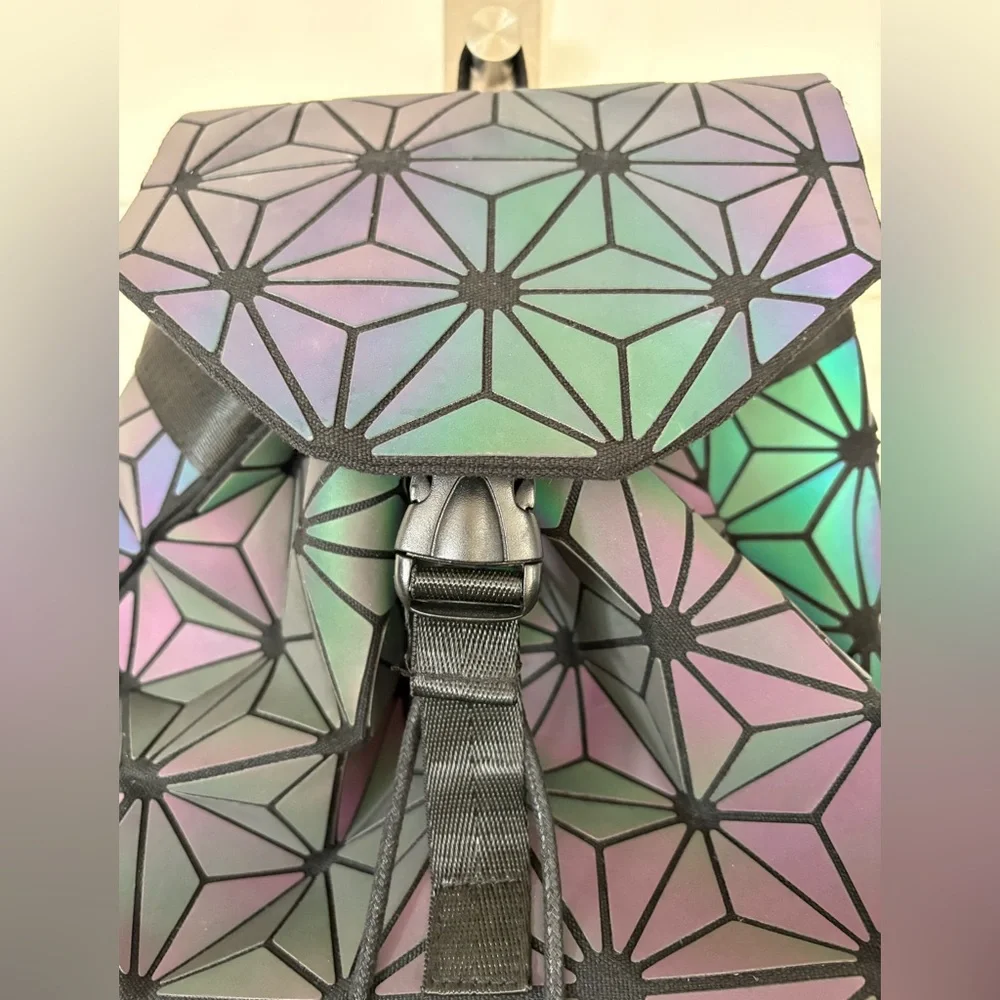 BAO BAO ISSEY MIYAKE Holographic Geometric Prism PVC Backpack Drawstring Flap - Picture 3 of 9